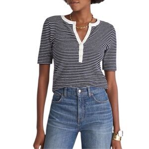 Madewell Striped Elbow-Sleeve Henley Tee in Midnight Navy